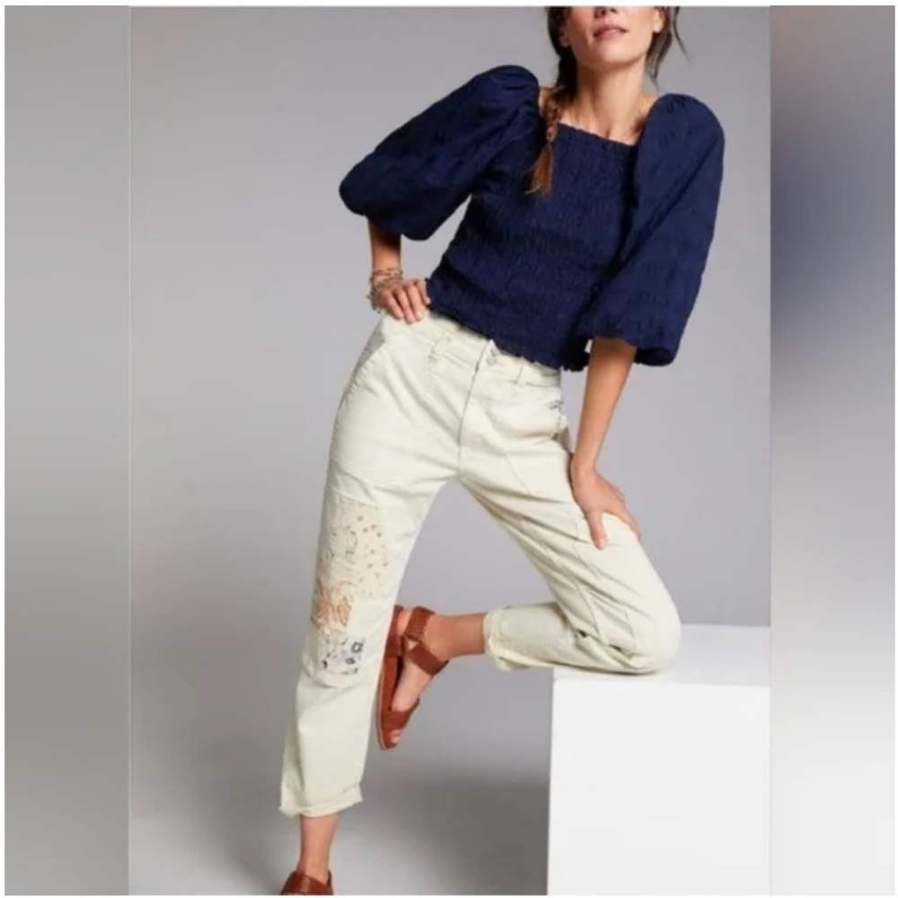 Anthro Pilcro The Wanderer Utility Jean Toile patch Ivory Cargo pants 27 jeans - Picture 4 of 16